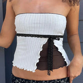 See Through Lace Stitched Corset Top Vintage 2000s Casual Contrast Patchwork Strapless Tube Crop Top y2k Tee